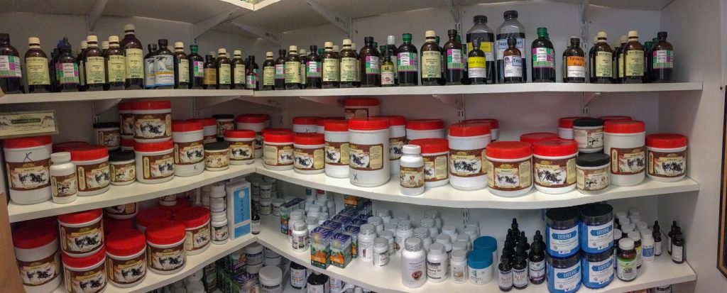 Assortment of herbs and dietary supplements at Prism Integrative Veterinary Health.